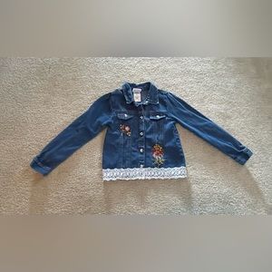 Little Lass Girl - Blue Jean Jacket with Embroidered Flowers and Lace - Size: 6X
